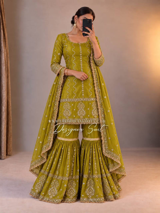 Laksharaa Sarees Abira Sharara Suit Olive Green Model Wearing Full Suit