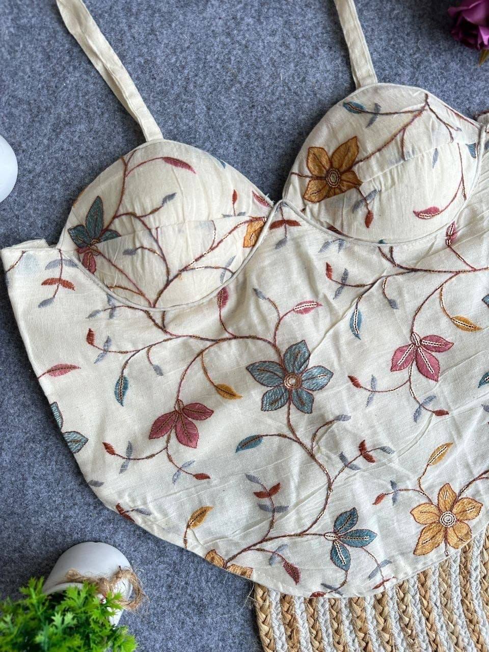 Laksharaa Sarees Khadi Cotton Corset Blouse Off-White with Multi-Color Floral Embroidery Close-up