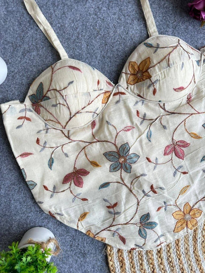 Laksharaa Sarees Khadi Cotton Corset Blouse Off-White with Multi-Color Floral Embroidery Close-up