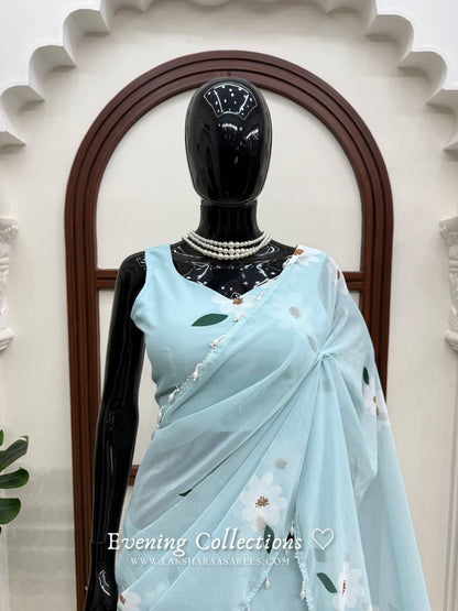 Laksharaa Sarees MAISY Aqua Lehenga Saree on Mannequin Front View with Pearl Necklace