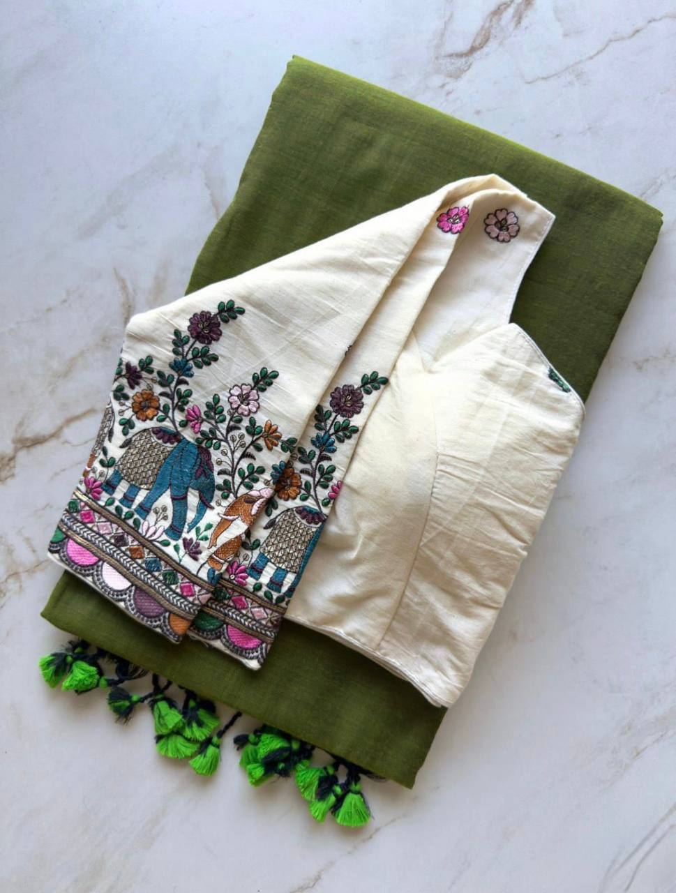 Laksharaa Sarees SUGEE comfy kadhi cotton saree x readymade blouse Olive Green