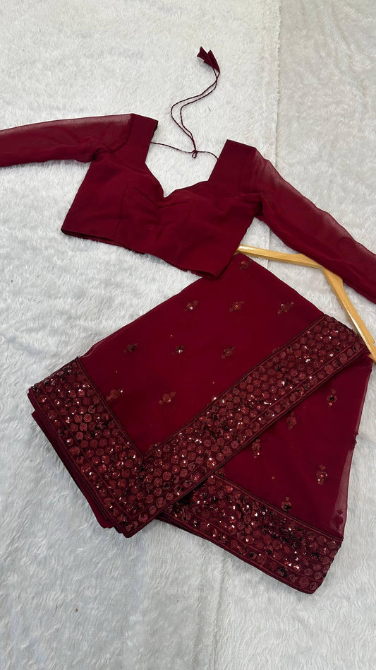Laksharaa Sarees MAYA — Sequinned Georgette Dinner Saree Burgundy Folded with Blouse