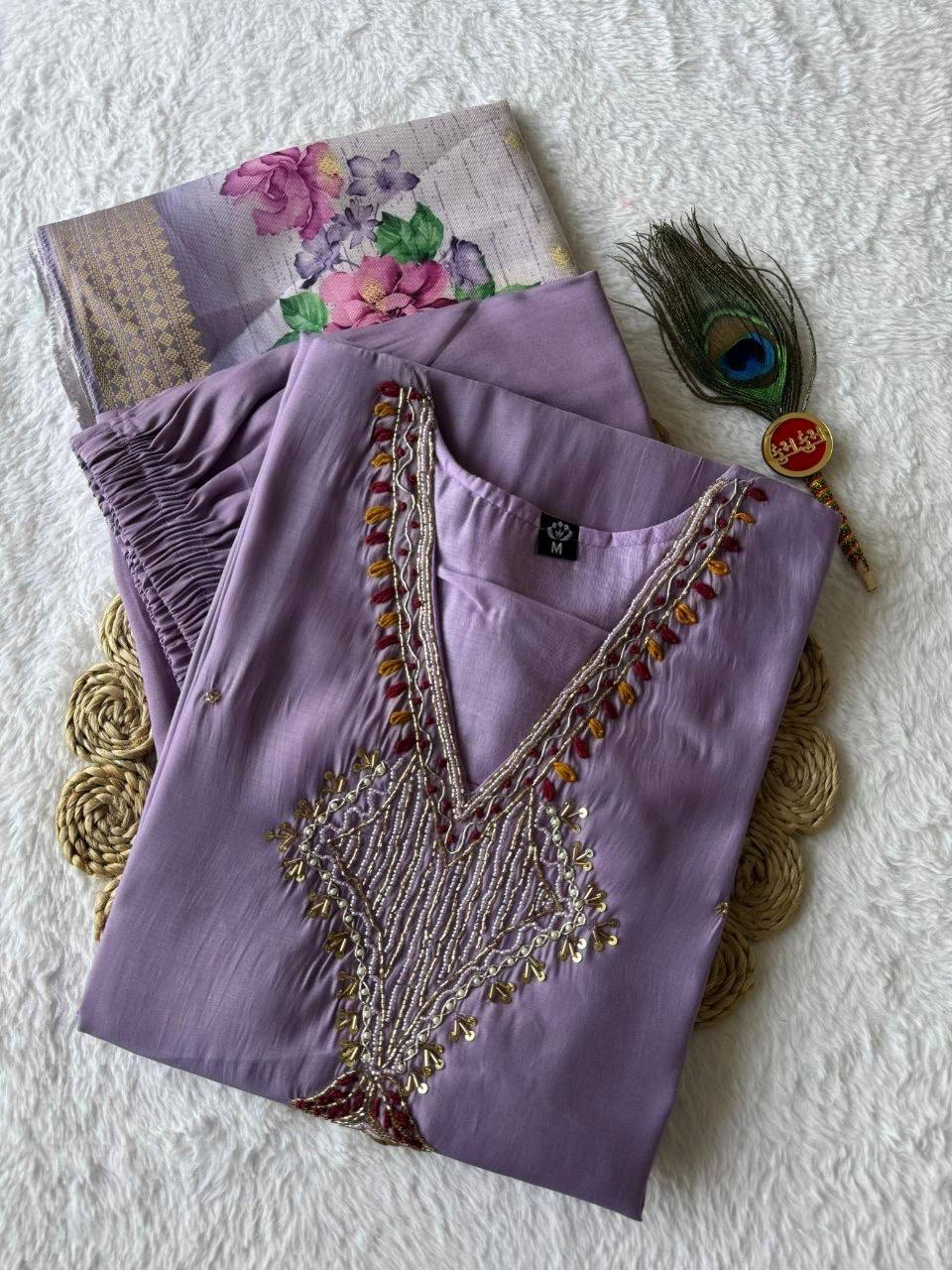 Laksharaa Sarees Premium Lavendar Purple Chanderi Silk Kurti Set Lavender Purple
