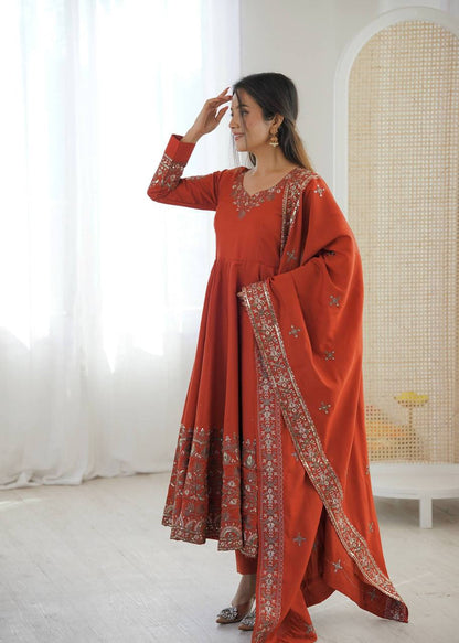 Laksharaa Sarees NAVIRA — Roman Silk Anarkali Suit Burnt Orange Side View
