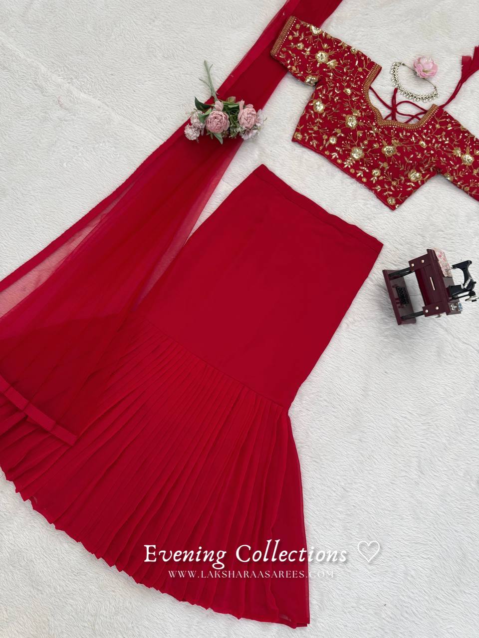 Laksharaa Sarees ELENA Half Saree Lehenga Red Flat Lay