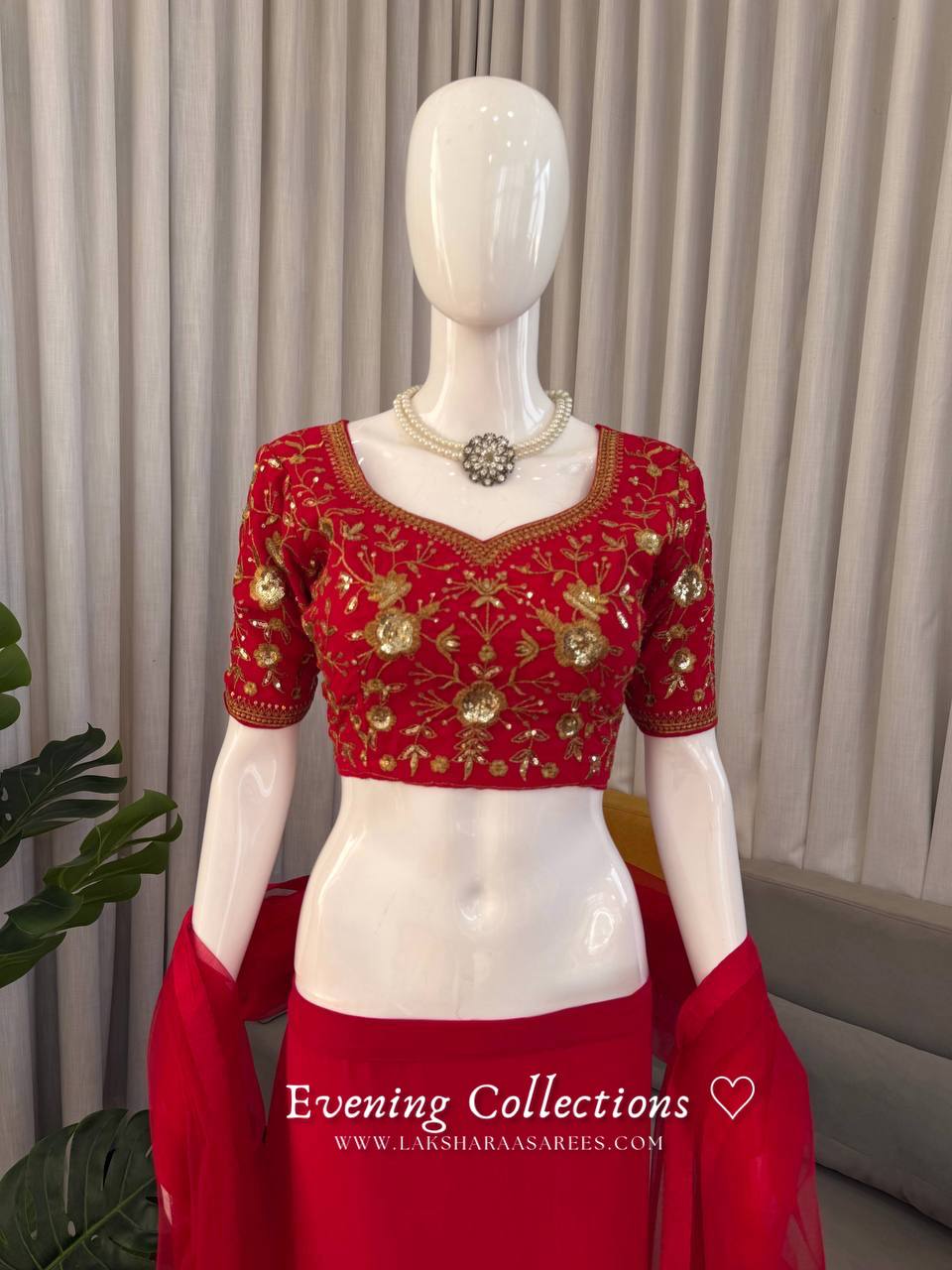 Laksharaa Sarees ELENA Half Saree Lehenga Red Blouse Detail on Mannequin