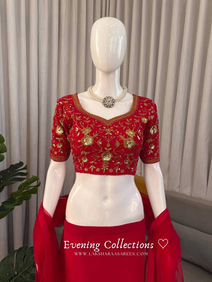 Laksharaa Sarees ELENA Half Saree Lehenga Red Blouse Detail on Mannequin