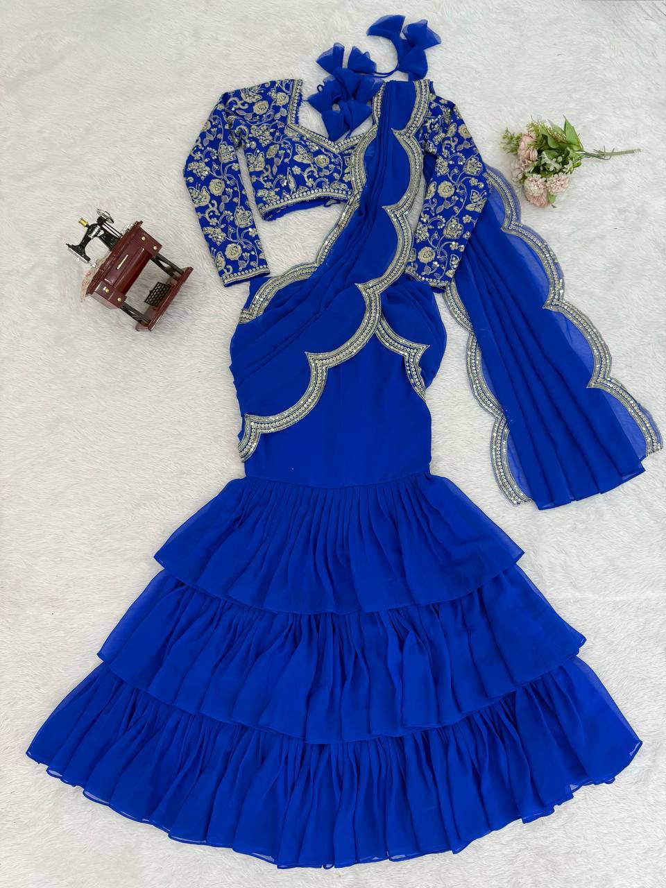 Laksharaa Sarees Georgette Ruffle Lehenga Royal Blue