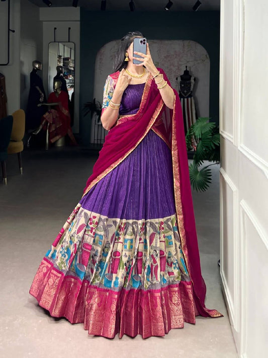 Laksharaa Sarees Kalamkari Chanderi Silk Half Saree Lehenga Purple