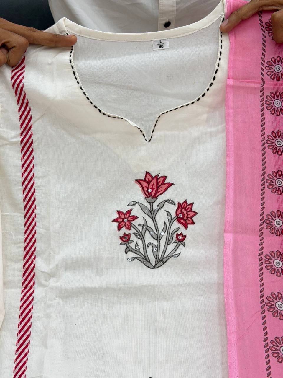 Laksharaa Sarees Summer Special - pink Jaipur Cotton Kurti Set Off-White Neckline and Print Detail