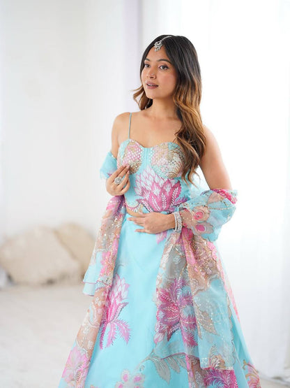 Laksharaa Sarees DIANA - Sky Blue Corset Style Partywear Lehenga Sky Blue Close-up on Model