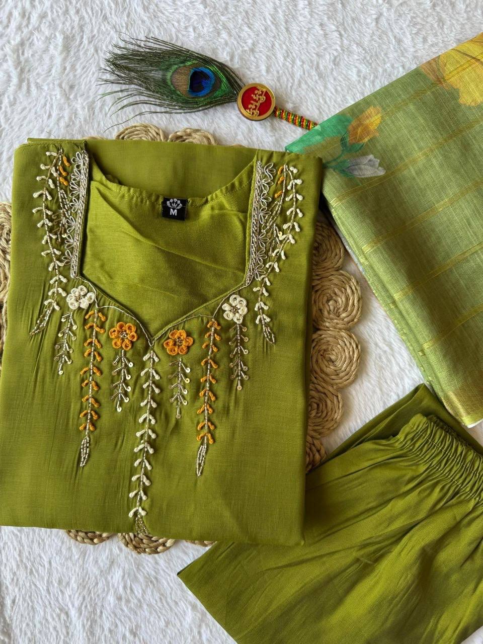 Laksharaa Sarees Green Mul Chanderi Kurti Suit Parrot Green