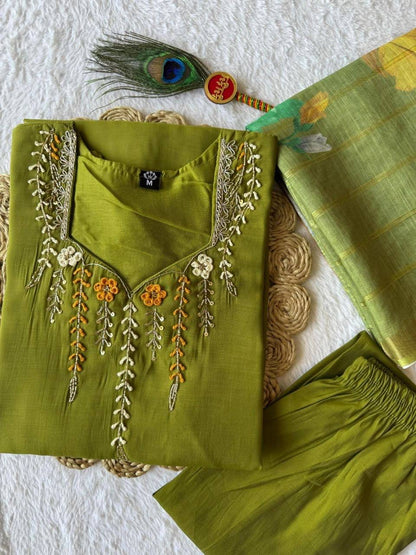 Laksharaa Sarees Green Mul Chanderi Kurti Suit Parrot Green