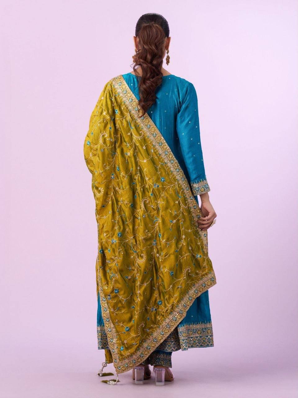Laksharaa Sarees Festive Vichithrah Silk Kurti Set Teal Worn by Model with Shawl Back View
