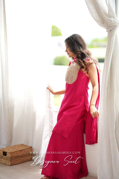 Laksharaa Sarees VARSHI Rani Pink Sharara Suit with Bow Shawl Side View Looking Out
