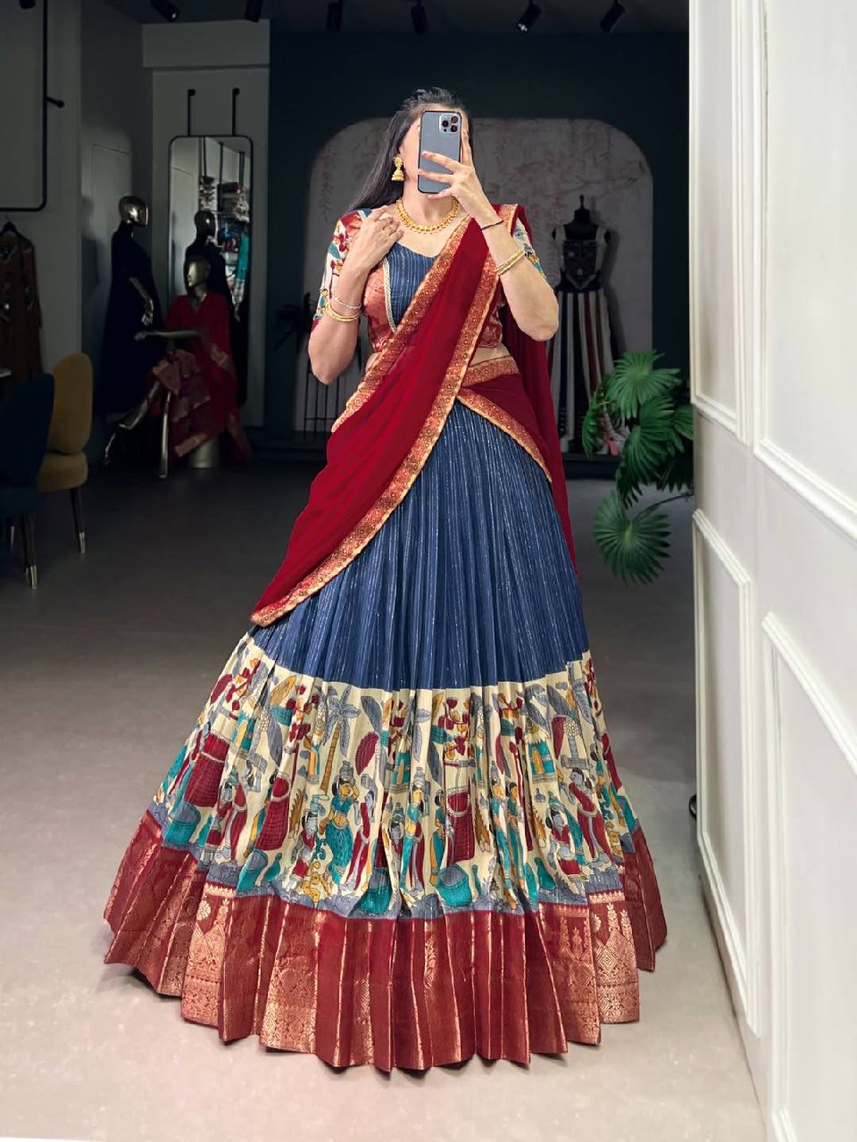 Laksharaa Sarees Kalamkari Chanderi Silk Half Saree Lehenga Green