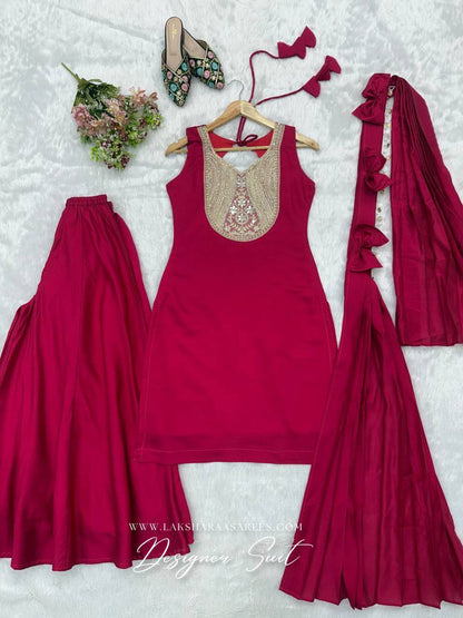 Laksharaa Sarees VARSHI Rani Pink Sharara Suit Full Set Flat Lay