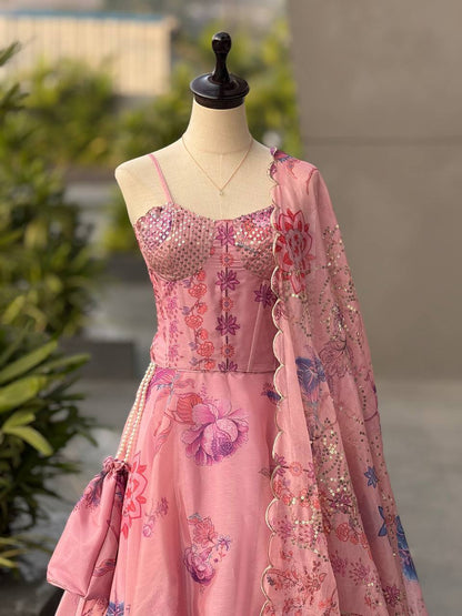 Laksharaa Sarees DIANA Pink Floral Corset Style Partywear Lehenga Corset Detail Front