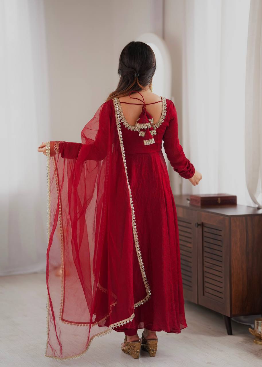 Laksharaa Sarees SANRIA - Premium Crush Silk Anarkali Suit Burgundy