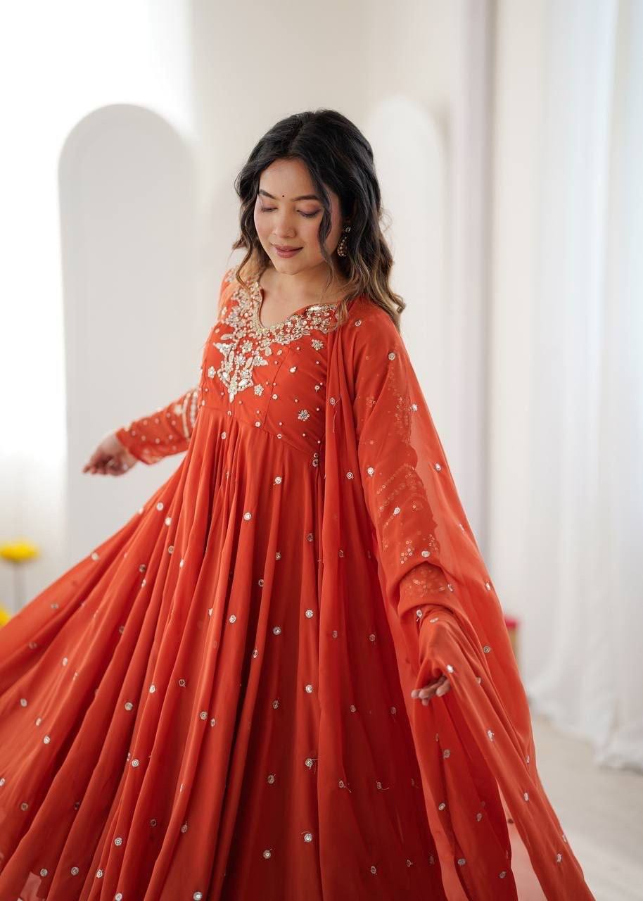 Laksharaa Sarees MAHASI - Georgette Anarkali Burnt Orange Front View Smiling