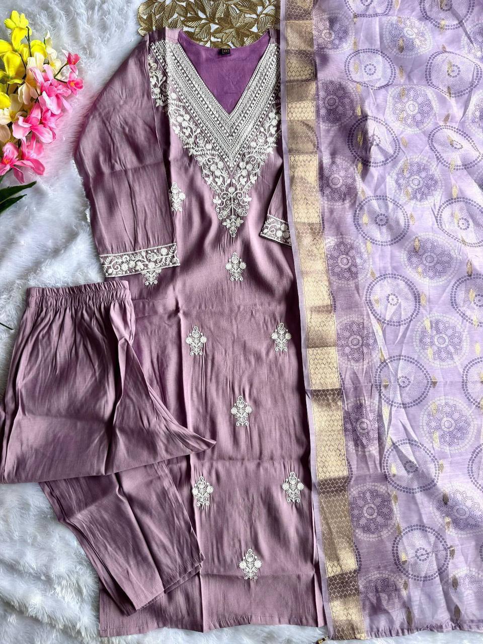 Laksharaa Sarees Lilac Comfy Roman Silk Kurti Set Detail View