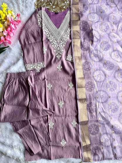 Laksharaa Sarees Lilac Comfy Roman Silk Kurti Set Detail View