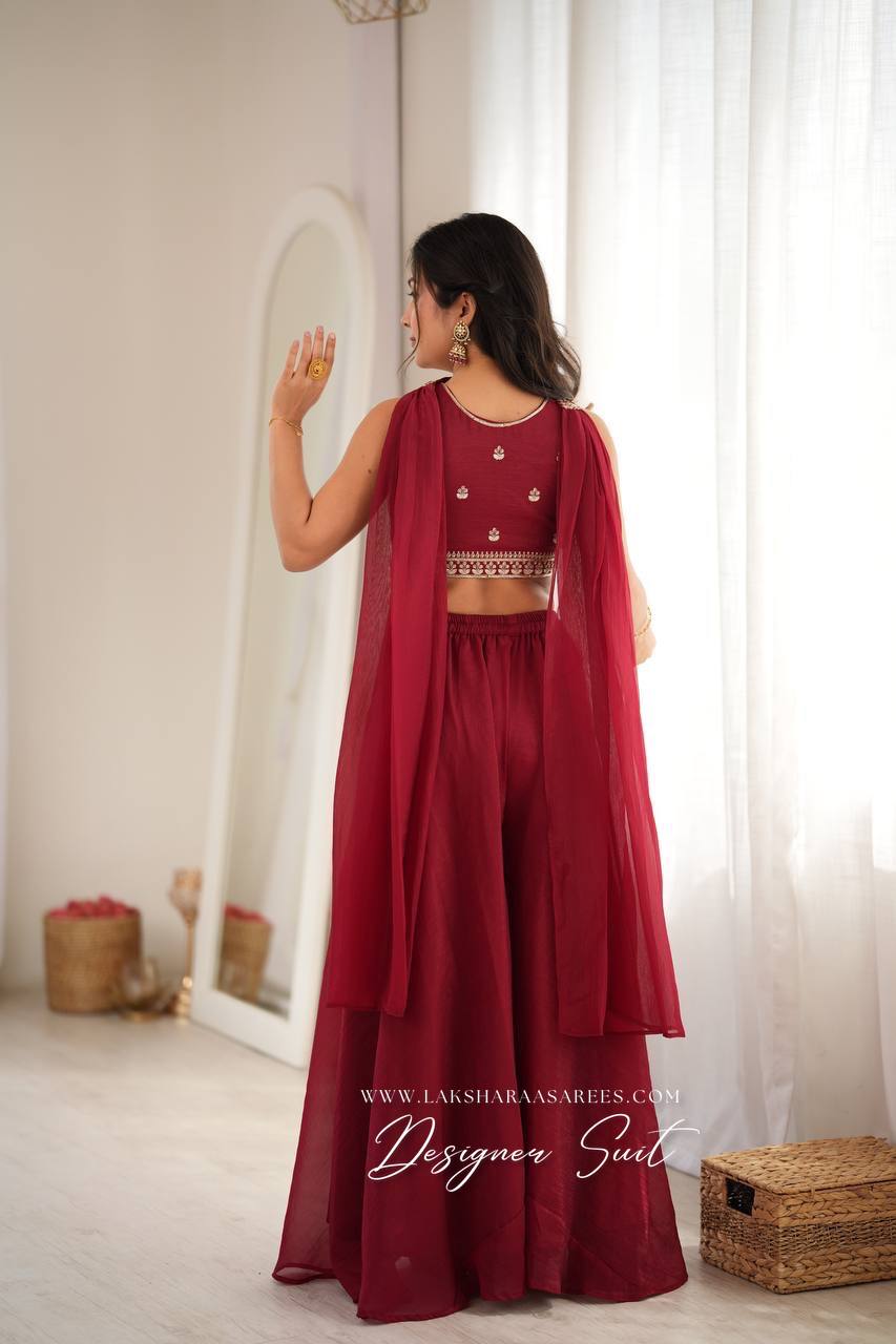 Laksharaa Sarees RAIZA - crop top Pallazo suit Burgundy back view on model