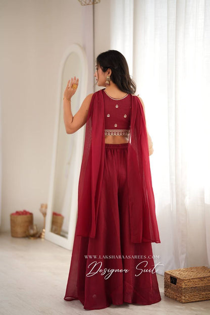 Laksharaa Sarees RAIZA - crop top Pallazo suit Burgundy back view on model