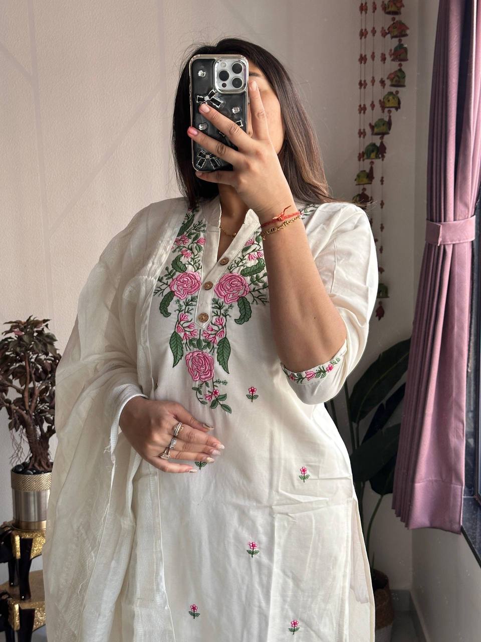 Laksharaa Sarees Cream Floral Kadhi Cotton Kurti Set Cream