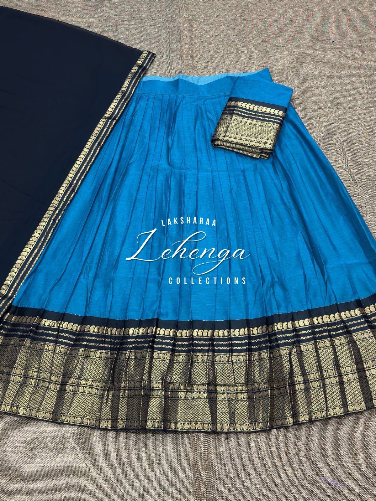Laksharaa Sarees VAISHALI - Kanchi Cotton Half Sarees Lehenga Aqua with black and gold border