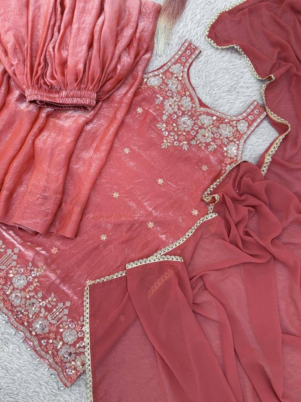 Laksharaa Sarees Shimmer Sharara Suit Coral Top, Palazzo, and Dupatta Flat Lay