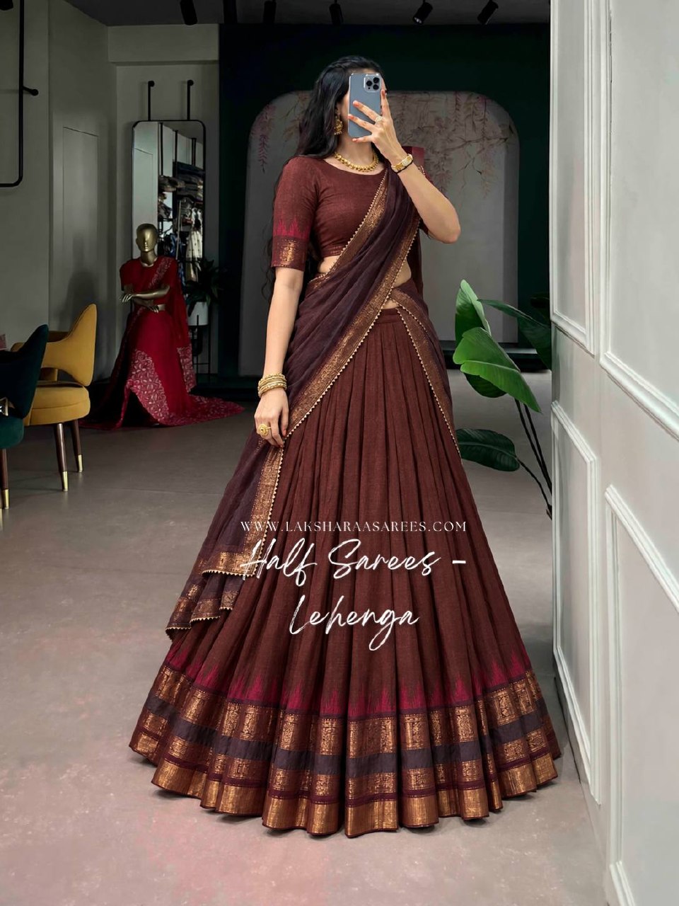 Laksharaa Sarees NARMADHA — Cotton Zari Half Saree Lehenga Brown