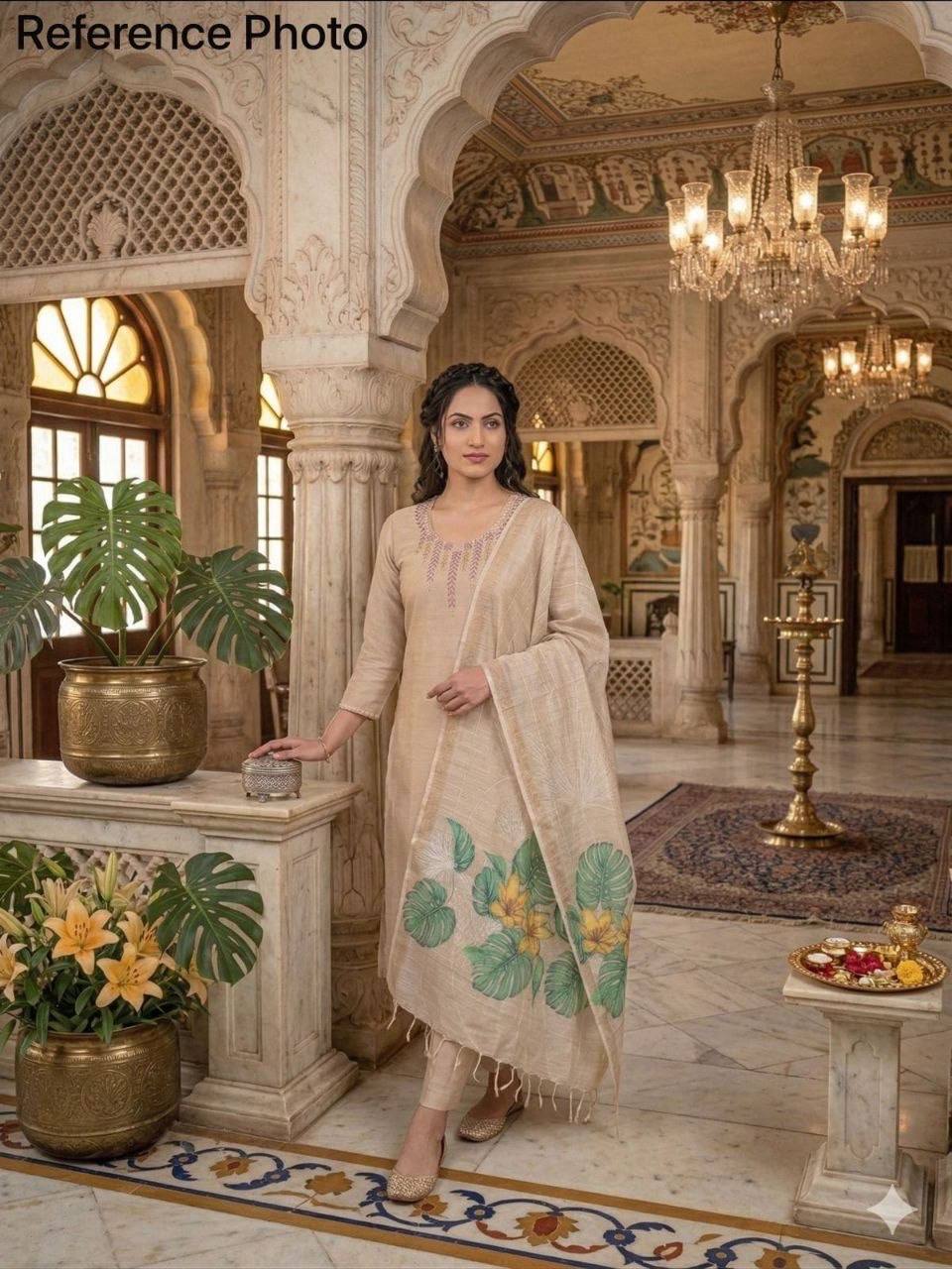 Laksharaa Sarees Festive Special mul Chanderi Kurti Set Champagne Model Wearing in Palace Setting