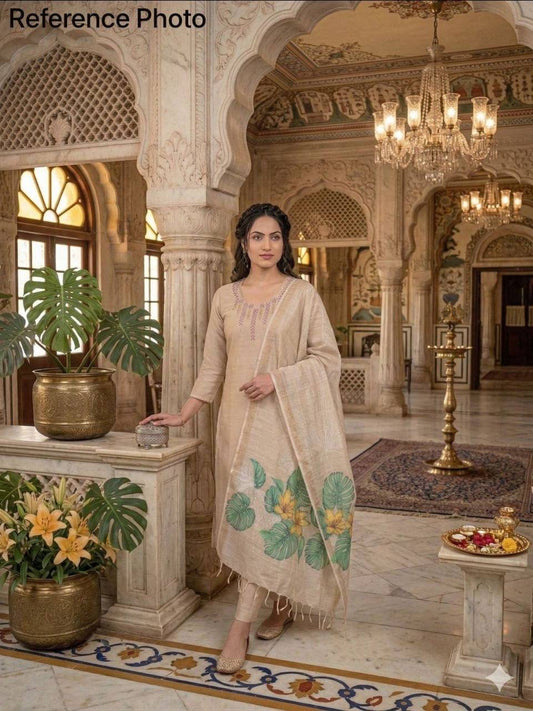 Laksharaa Sarees Festive Special mul Chanderi Kurti Set Champagne Model Wearing in Palace Setting
