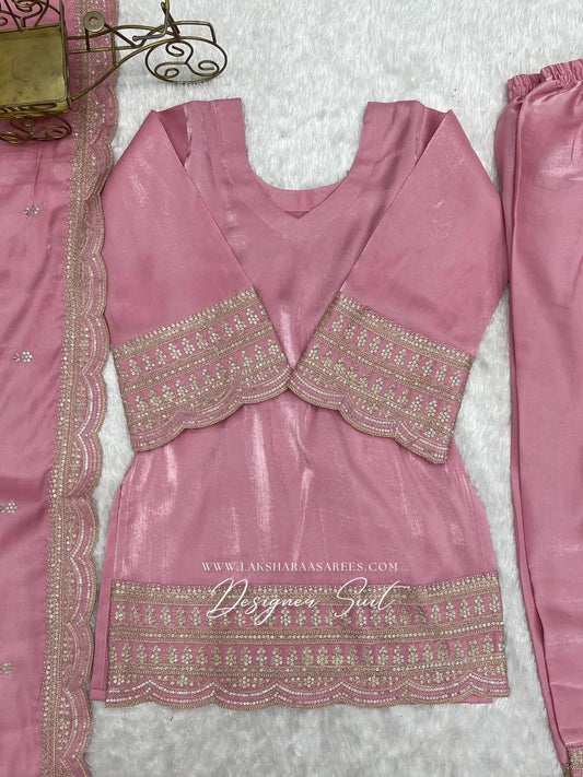 Laksharaa Sarees PAIGE Farshi suit Buttery Pink top close-up with V-neck and embroidery