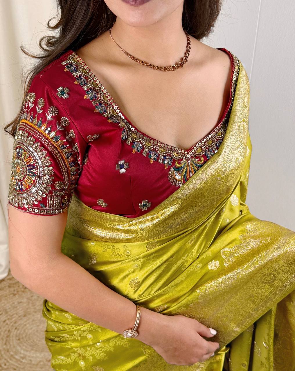 Laksharaa Sarees RANI Premium Banarasi Saree with Handwork Blouse Olive Green