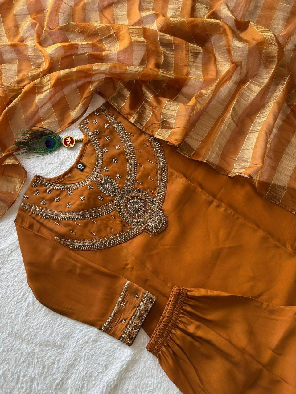 Laksharaa Sarees Festive Chanderi Cotton Kurti Set Burnt Orange Close Up Top View