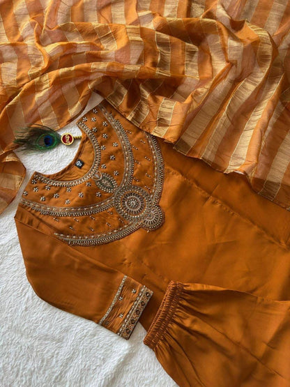 Laksharaa Sarees Festive Chanderi Cotton Kurti Set Burnt Orange Close Up Top View