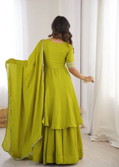 Laksharaa Sarees Chinnon Silk Peplum Suit Lime Green