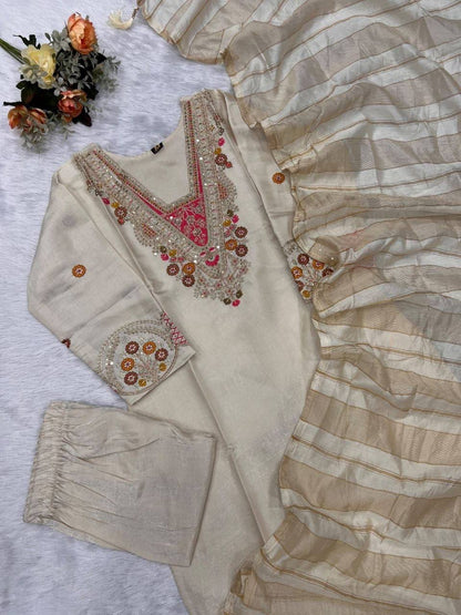 Laksharaa Sarees Embroidered Kurta Set Off-White Flat Lay