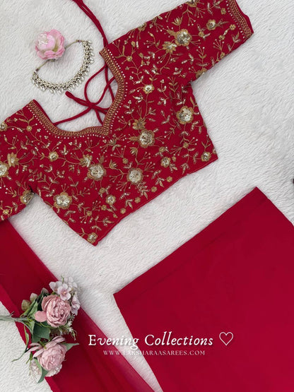 Laksharaa Sarees ELENA Half Saree Lehenga Red Blouse and Skirt Flat Lay Detail