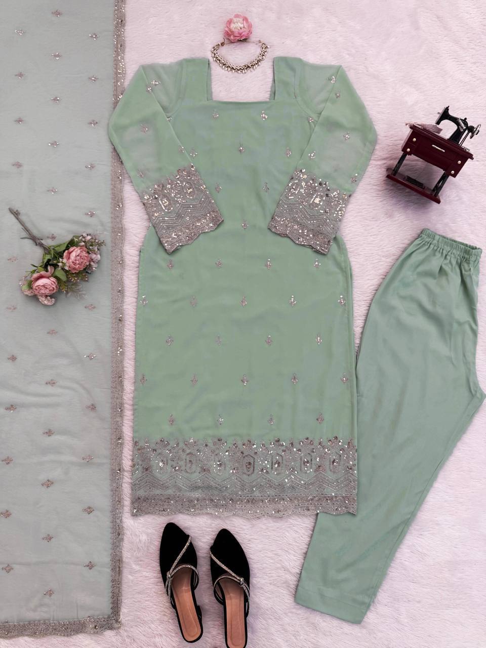 Laksharaa Sarees Georgette Pakistani Salwar Kameez Sage Green Flat Lay