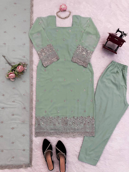 Laksharaa Sarees Georgette Pakistani Salwar Kameez Sage Green Flat Lay