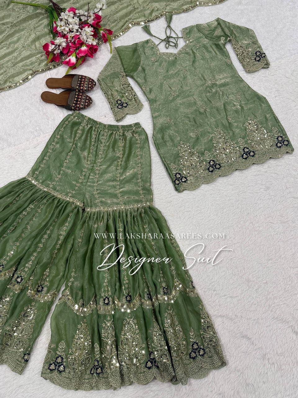 Laksharaa Sarees VERONICA — Shimmer Sharara Suit Sage Green