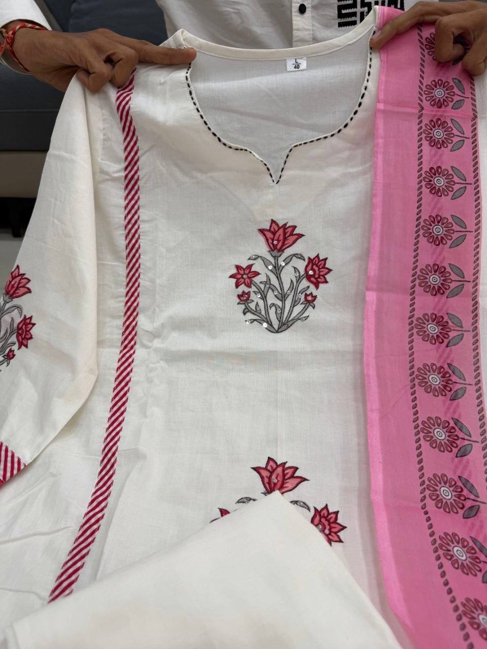 Laksharaa Sarees Summer Special - pink Jaipur Cotton Kurti Set Off-White Front View