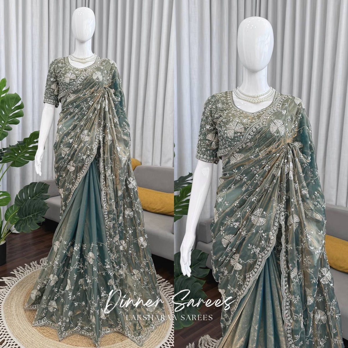 Laksharaa Sarees MERLIN Grey Shimmer Partywear Saree with sequin work on mannequin, close-up