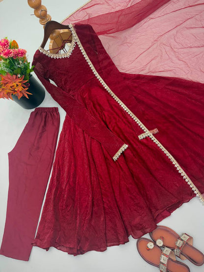 Laksharaa Sarees SANRIA - Premium Crush Silk Anarkali Suit Burgundy