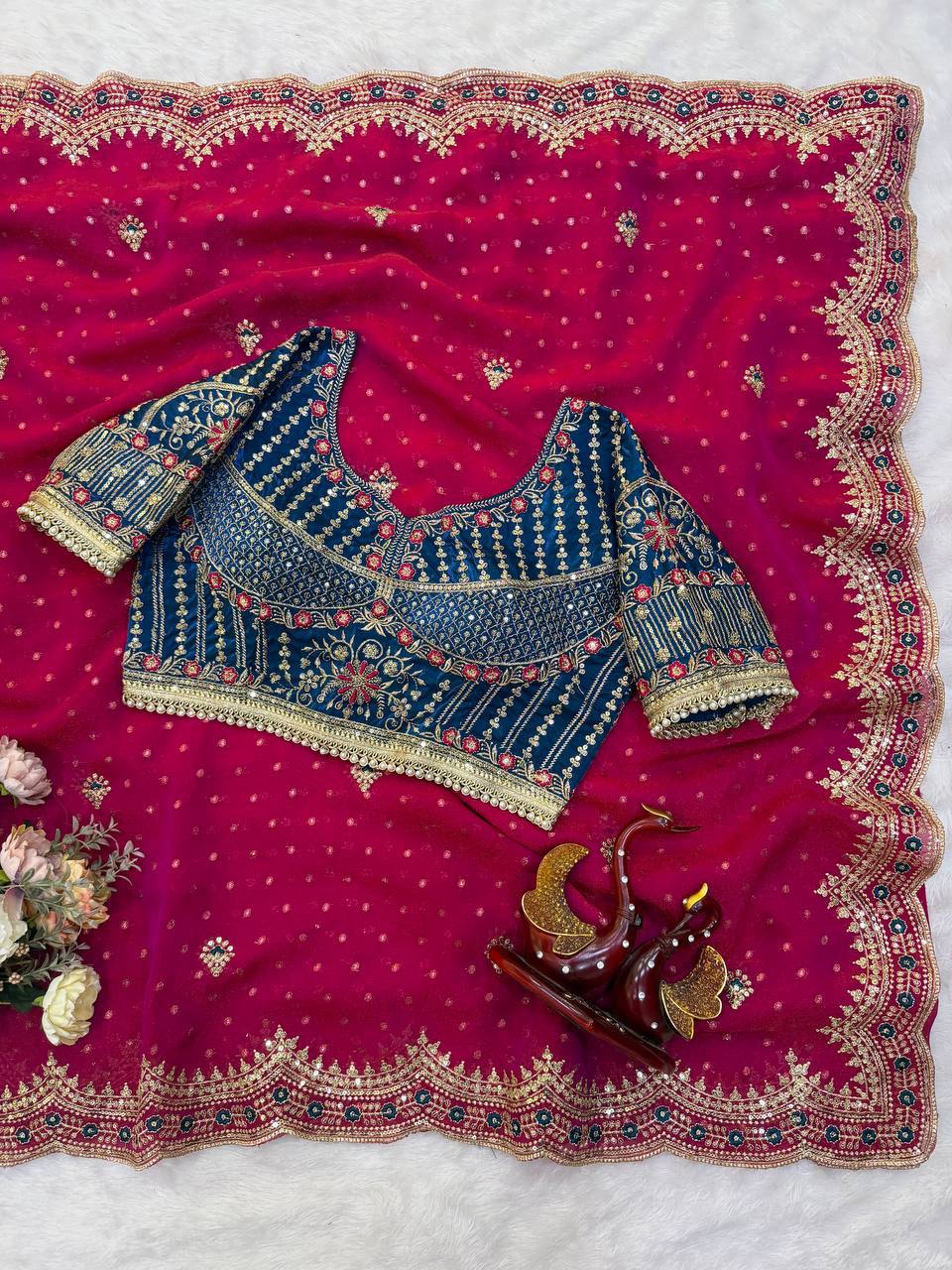 Laksharaa Sarees ZOELLA Grand zari Shimmer Saree Deep Pink with Teal Blouse