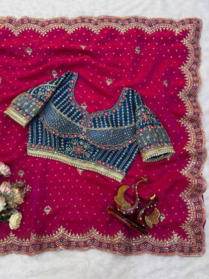 Laksharaa Sarees ZOELLA Grand zari Shimmer Saree Deep Pink with Teal Blouse