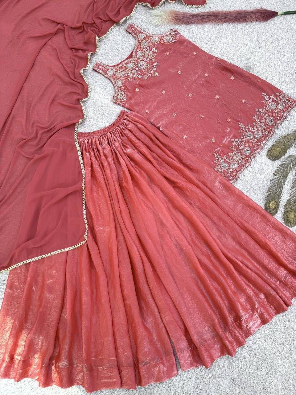 Laksharaa Sarees Shimmer Sharara Suit Coral Full Set Flat Lay